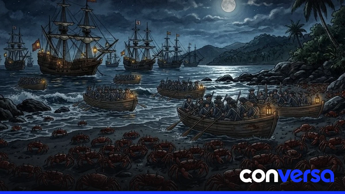 Imagen simbólica de cangrejos y soldados en la costa dominicana durante la invasión inglesa de 1655.