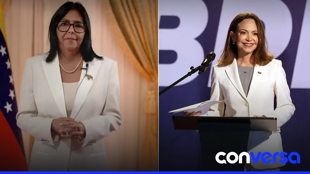 Imagen de Delcy Rodríguez en una conferencia de prensa en Caracas.