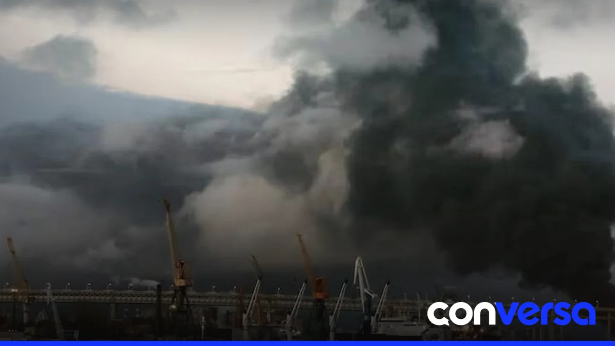 Imagen de una terminal petrolera en San Petersburgo con incendios causados por un ataque aéreo.