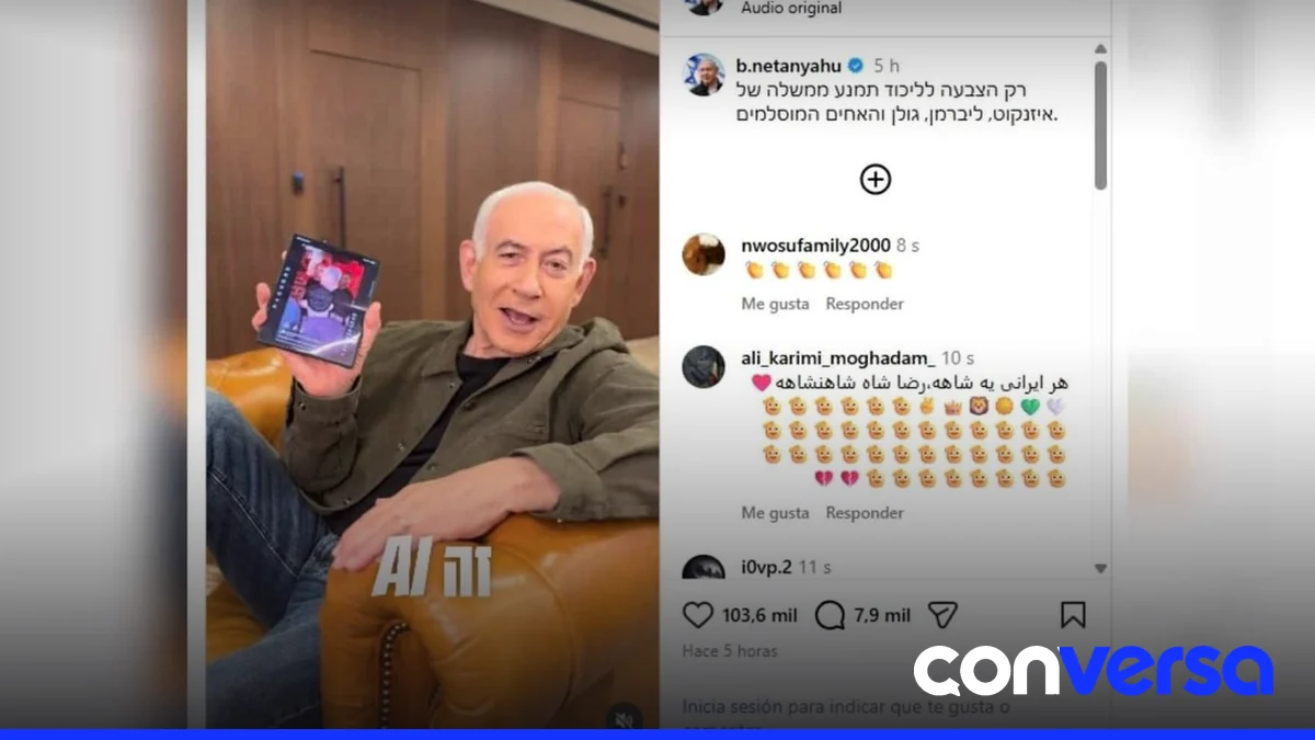 Imagen del video viral en el que Netanyahu aparece bailando 'Dame hombro' generado con inteligencia artificial.