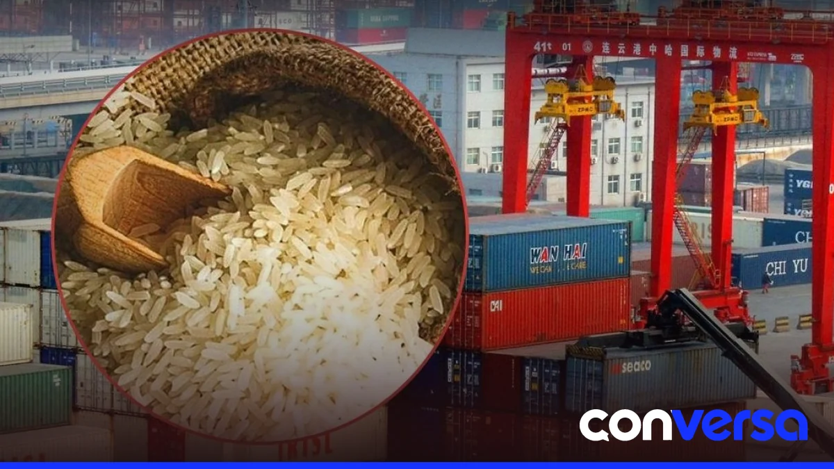 Imagen de un contenedor de arroz en un puerto marítimo.