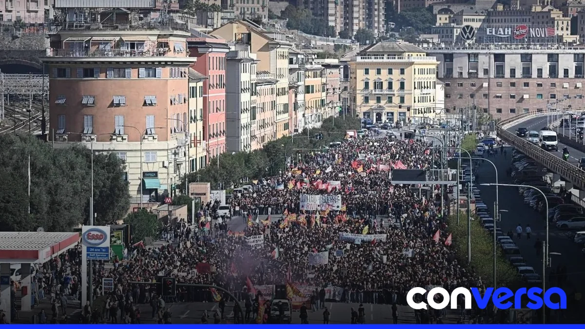 Manifestantes marchan en Roma durante la protesta contra el aumento del costo de vida y la falta de inversión en educación.