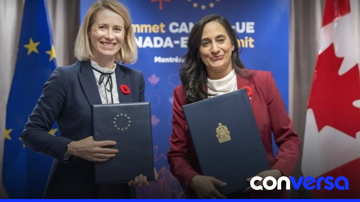 Ministra canadiense de Exteriores, Anita Anand, y alta representante de la UE, Kaja Kallas, en acto conjunto en Montreal.