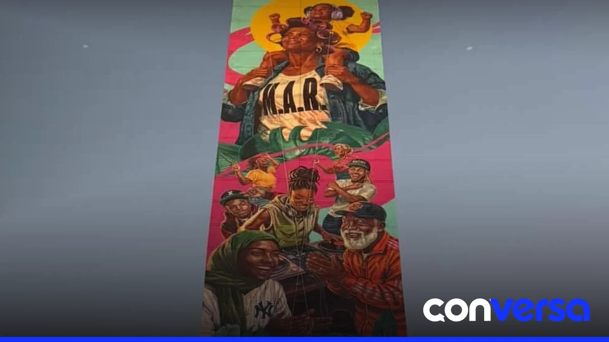 Mural de Angurria en el Bronx, Nueva York, que representa a una mujer con rolos y elementos que evocan su entorno.