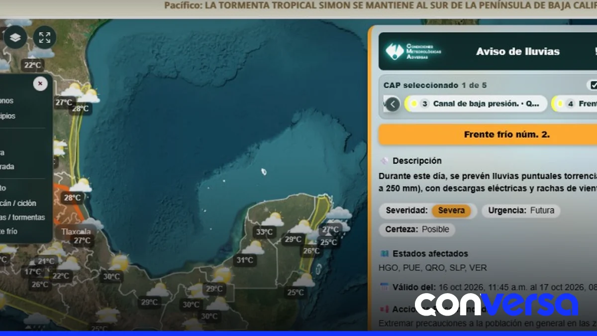 Imagen de un mapa con rutas de huracanes y zonas de alerta en la costa del Pacífico mexicano.
