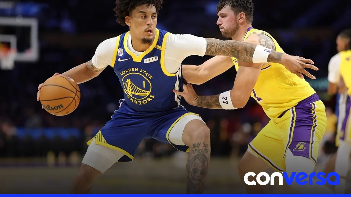 Yaxel Lendeborg y Luka Doncic en el partido entre Golden State Warriors y Los Angeles Lakers.