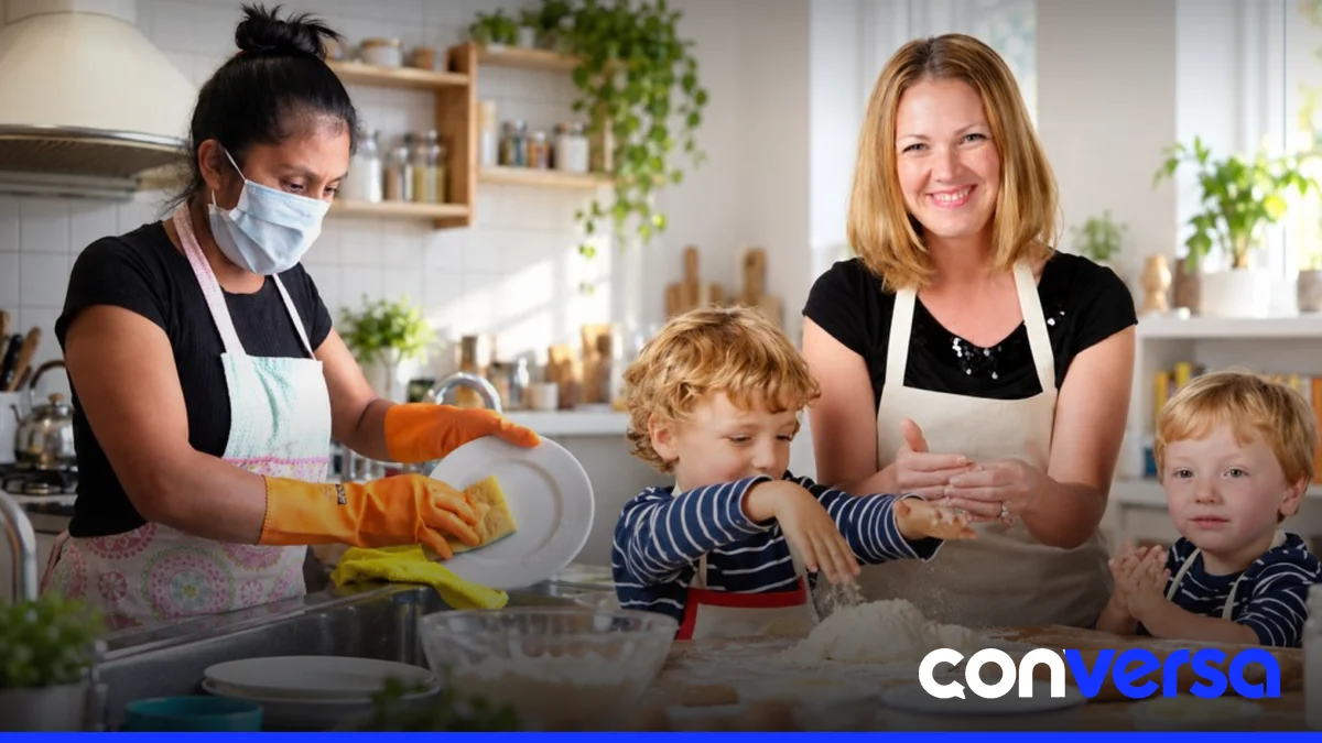 Trabajadoras del hogar en un hogar privado, realizando labores domésticas.