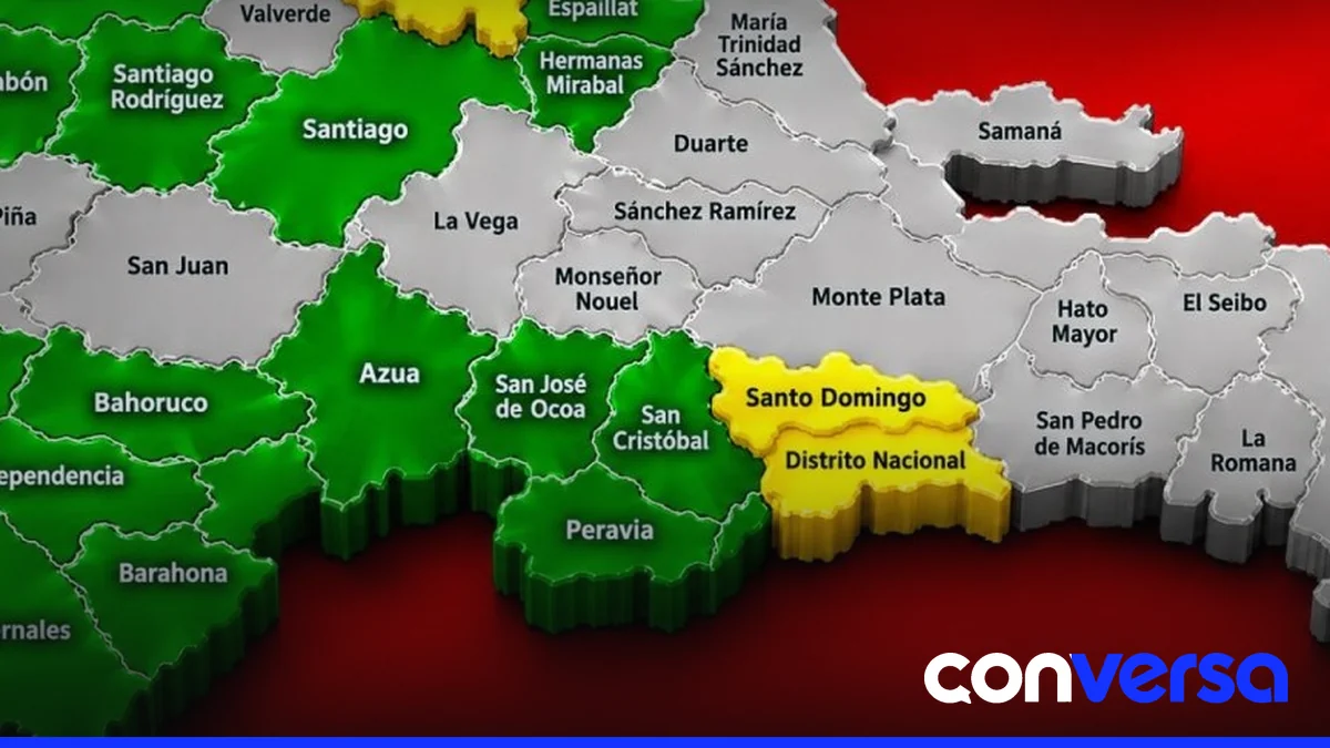 Mapa con demarcaciones bajo alerta amarilla y nivel verde en República Dominicana.