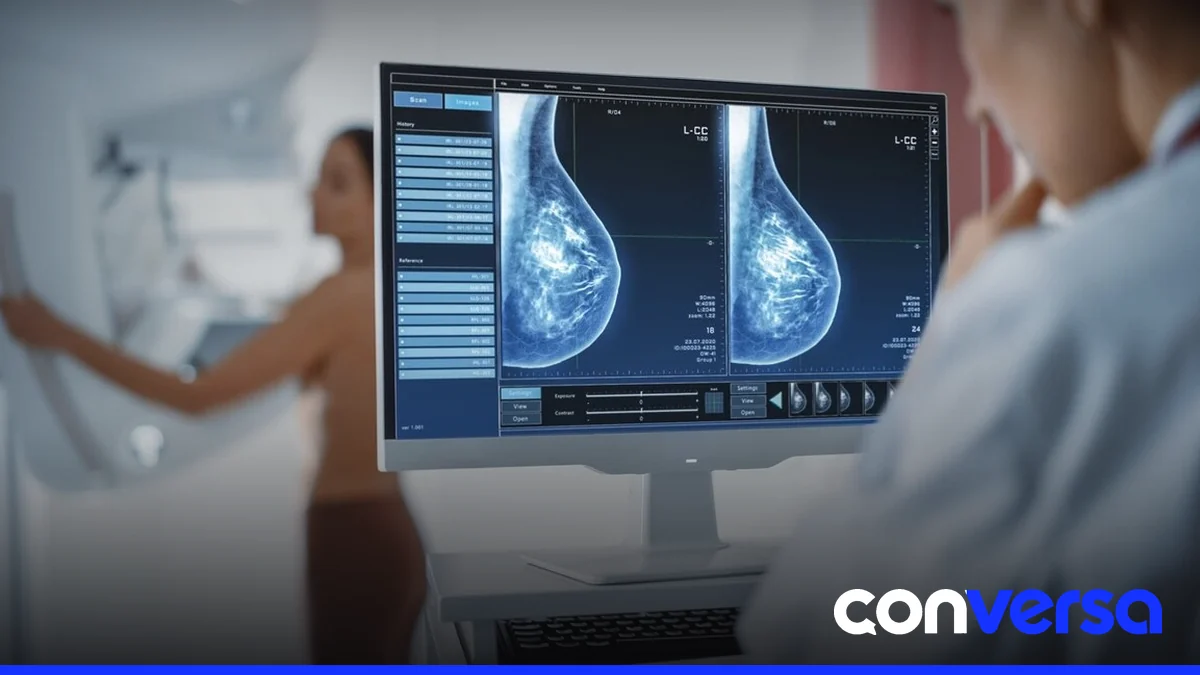 Mujer realizando una mamografía en un centro de salud.