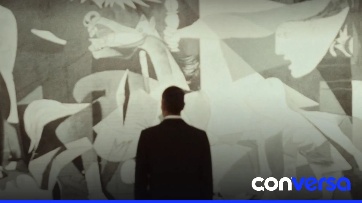 Imagen del presidente español Pedro Sánchez contemplando la obra 'Guernica' en el Museo Reina Sofía.